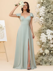 A-Line Sweetheart Bridesmaid Dress - Flutter Sleeves Chiffon Gown with Slit