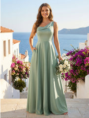 A Line One Shoulder Pleated Minimalist Bridesmaid Dresses with Pockets