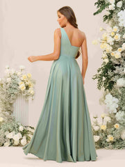 A Line One Shoulder Pleated Minimalist Bridesmaid Dresses with Pockets