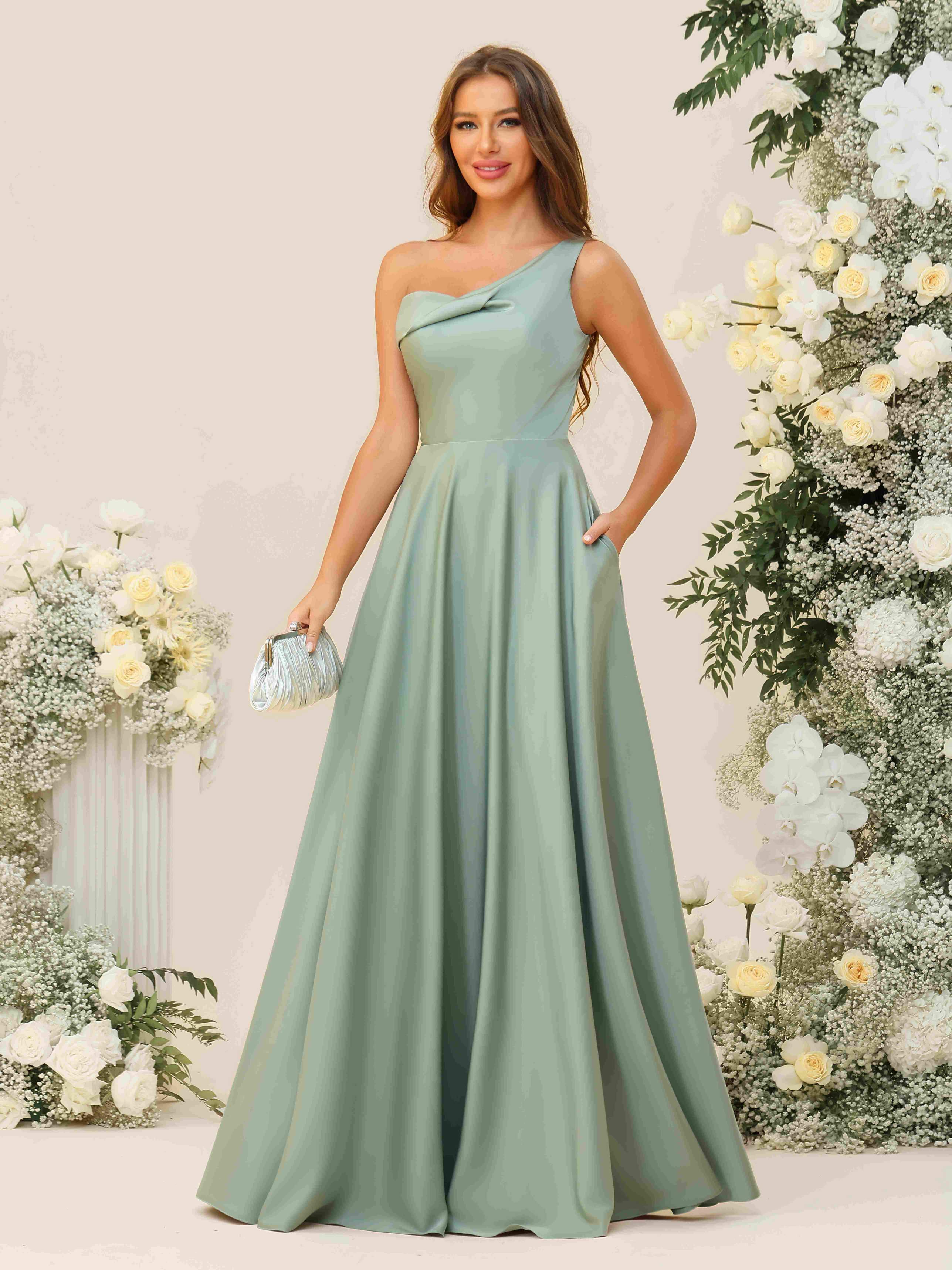 A Line One Shoulder Pleated Minimalist Bridesmaid Dresses with Pockets