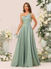 A Line One Shoulder Pleated Minimalist Bridesmaid Dresses with Pockets